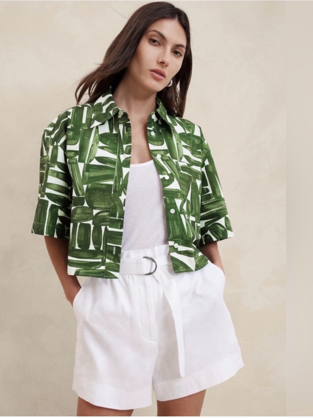 Banana Republic Green Brushstroke Boxy Cropped Button-Up Shirt - Picture 3 of 14